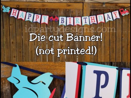 TRANSPORTATION BANNER Trains Planes and Automobiles Birthday Transportation Cake Banner Garland Cupcake Centerpiece Things That Go Sale